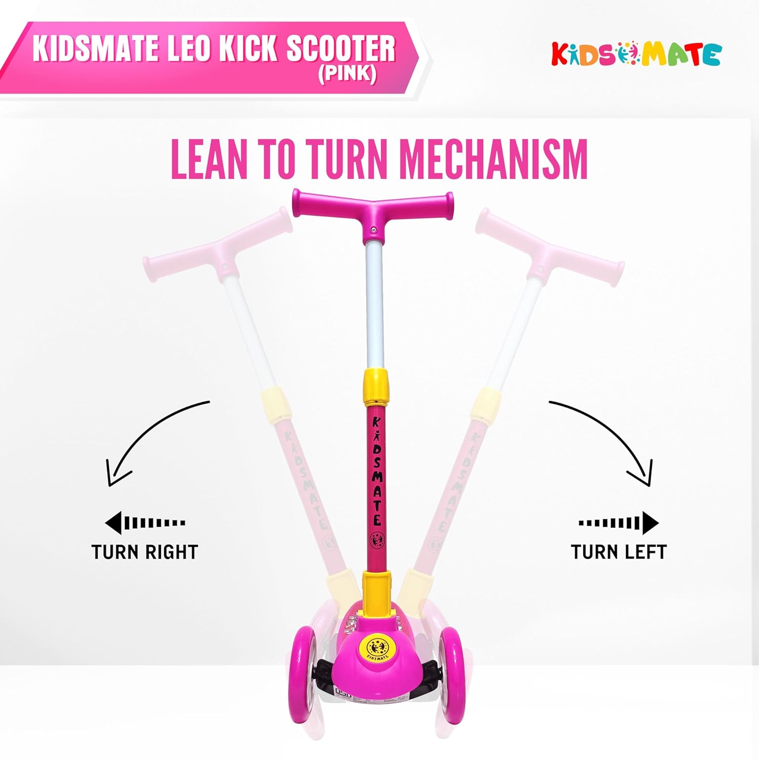 Kidsmate Leo Kick Scooter in black, designed for kids with 3 adjustable height settings, broad PVC wheels, and a reliable rare brake. Its foldable design makes storage and transport easy." www.usmile.toys www.usmile.toys